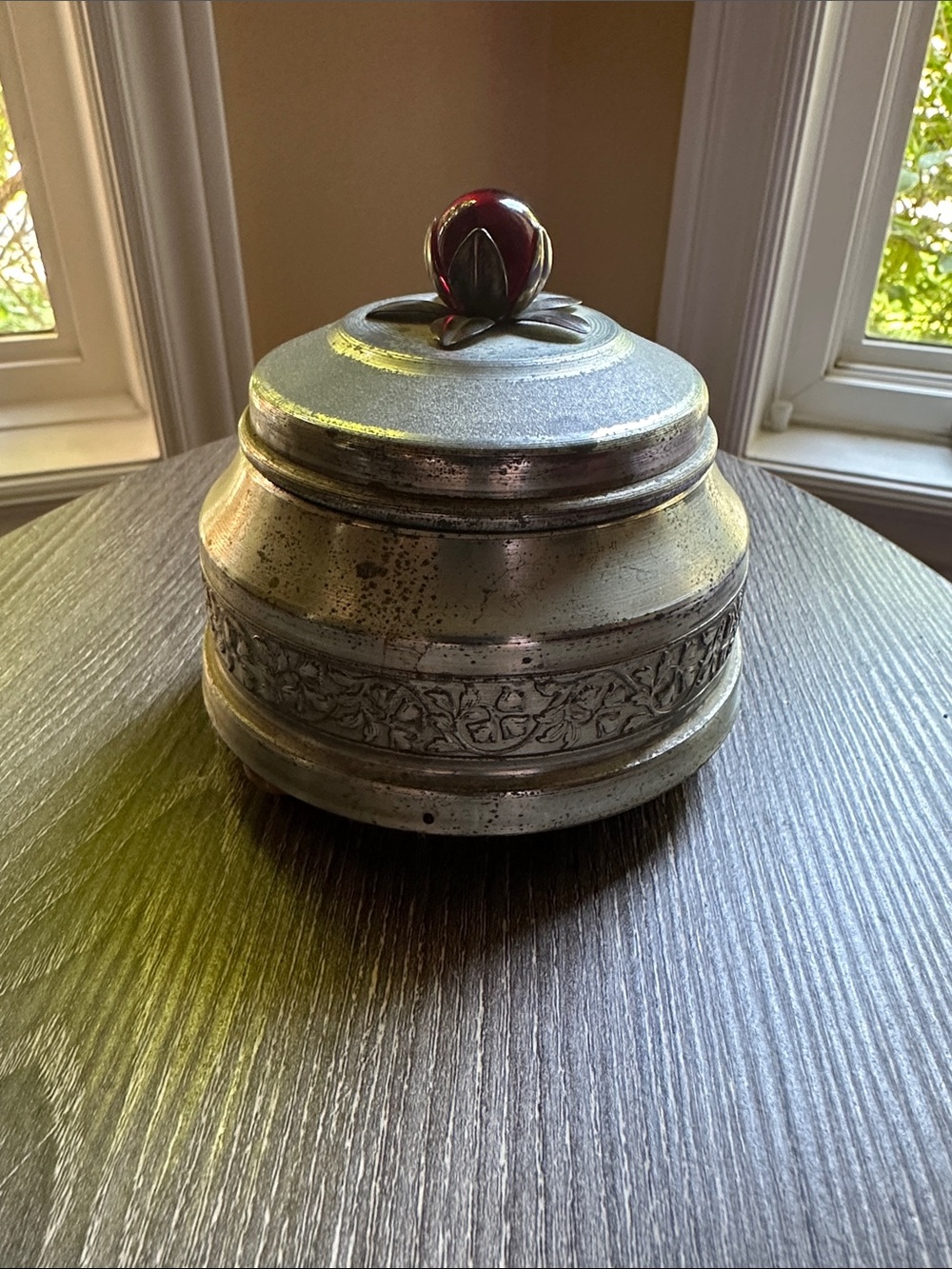Vintage Music Box, Silver Metal with Red Finial